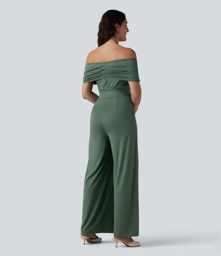 Off Shoulder Short Sleeve Built-in Bra Casual Jumpsuit with Pockets-Easy Peezy Edition