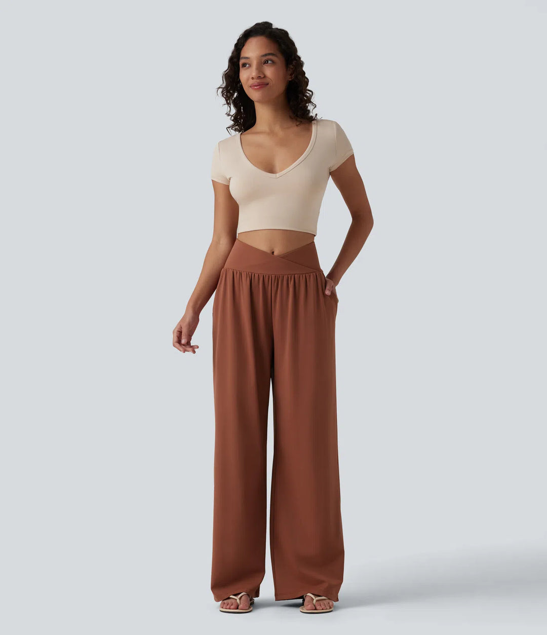 SoftlyZero Airy Crossover High Waisted InstantCool Casual Baggy Trousers with Pockets