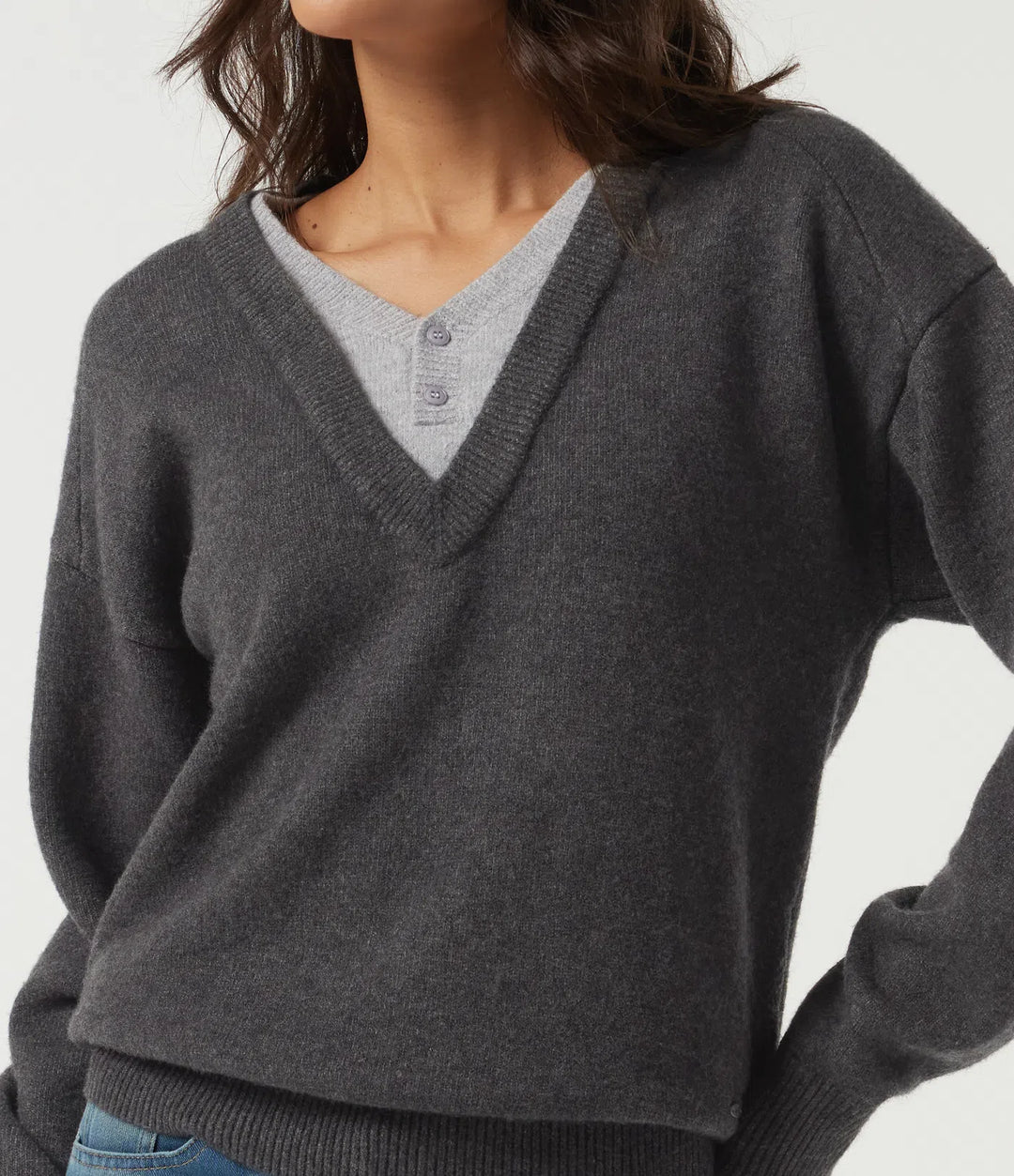 V Neck Dropped Shoulder Long Sleeve 2-in-1 Casual Jumper