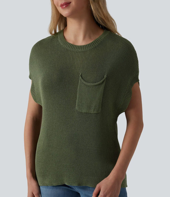 Round Neck Batwing Sleeve Casual Jumper with Pocket