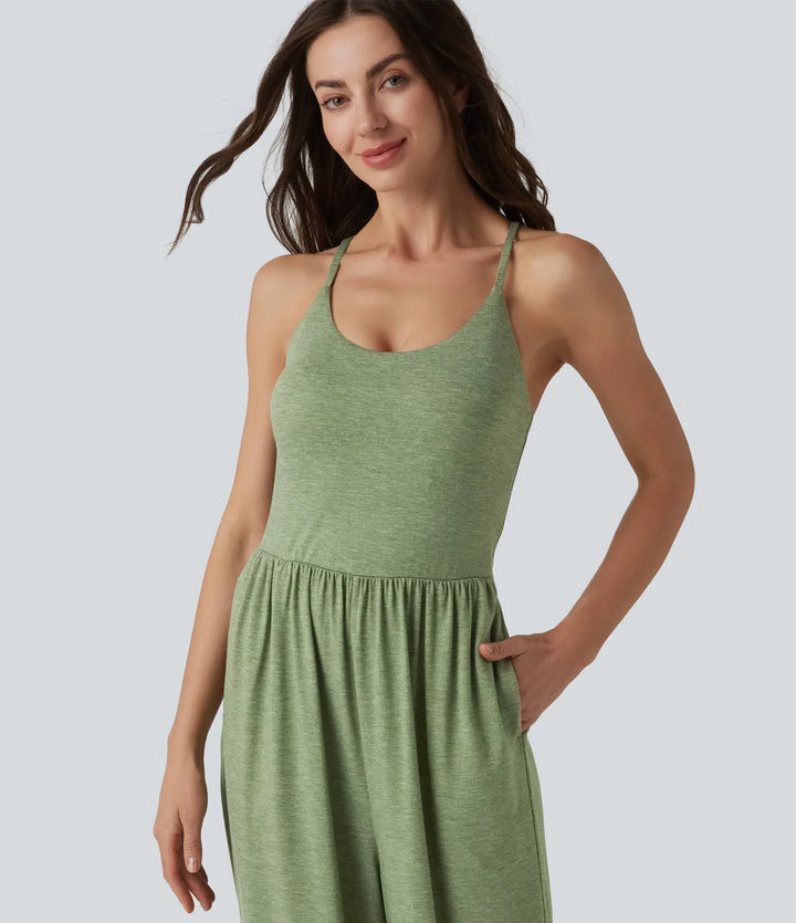 Crisscross Backless Sleeveless Built-in Bra Heathered Casual Jumpsuit with Pockets-Easy Peezy