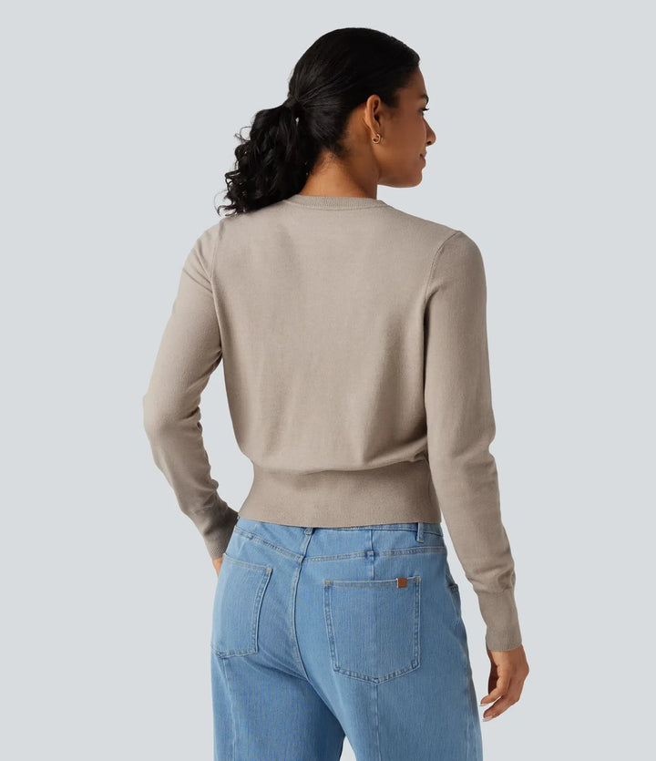 Round Neck Long Sleeve Button Fly Work Cardigan