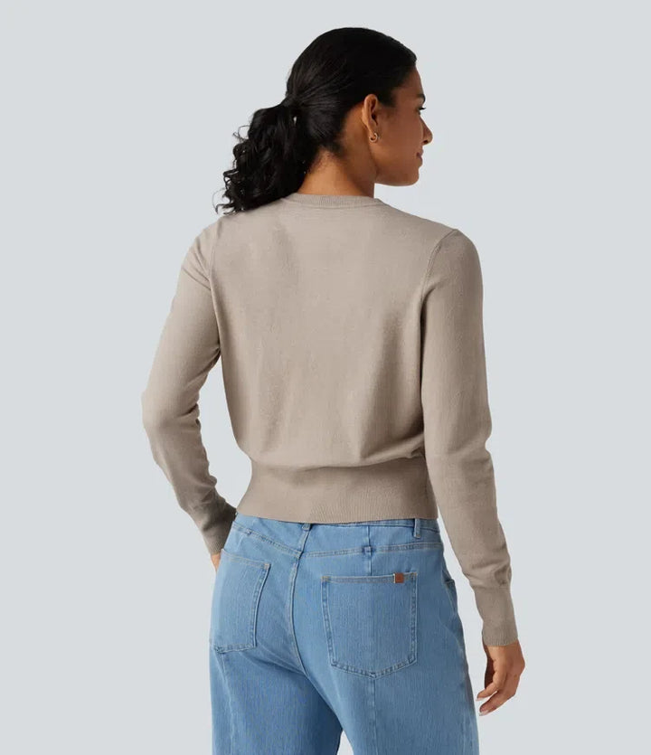 Round Neck Long Sleeve Button Fly Work Cardigan