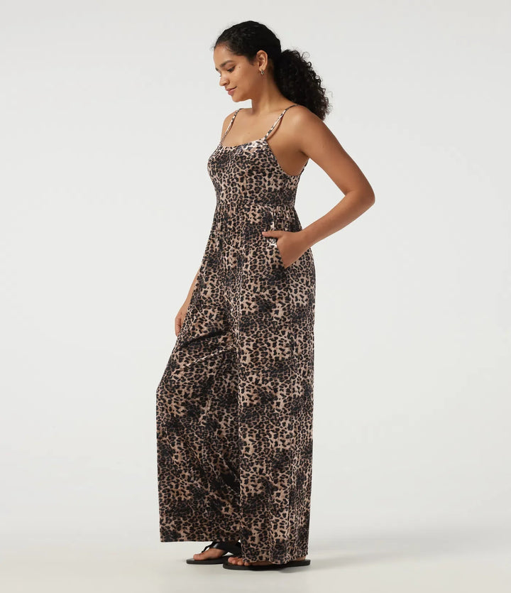 U Neck Sleeveless Leopard Print Velvet Casual Jumpsuit with Pockets