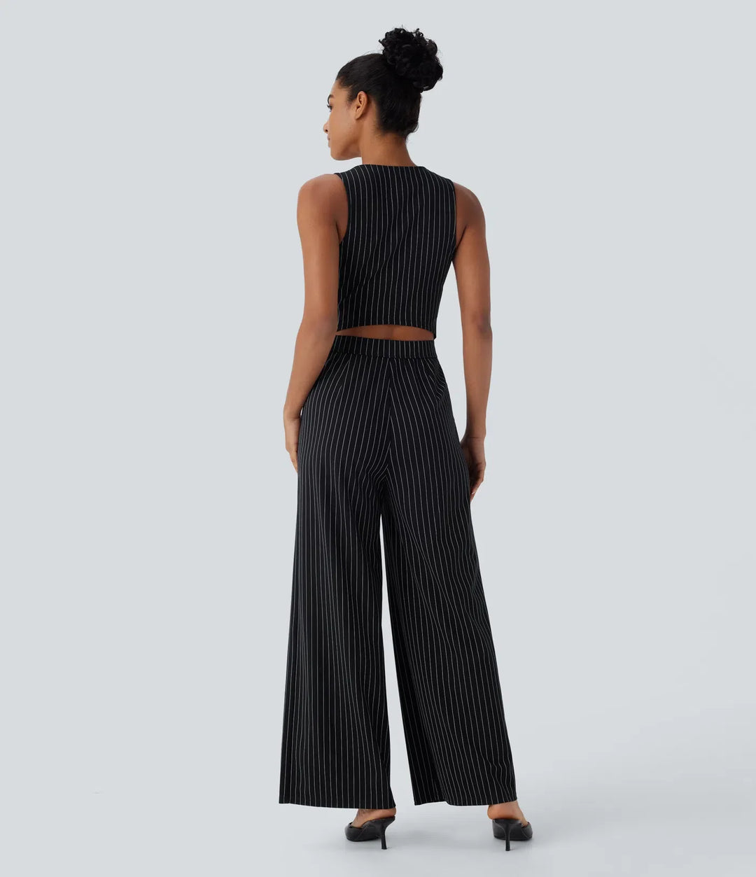 V Neck Sleeveless Cut Out Pockets Wide Leg Stripe InstantCool Work Jumpsuit