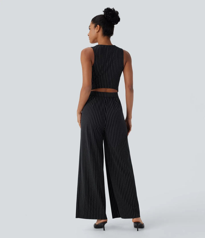 V Neck Sleeveless Cut Out Pockets Wide Leg Stripe InstantCool Work Jumpsuit