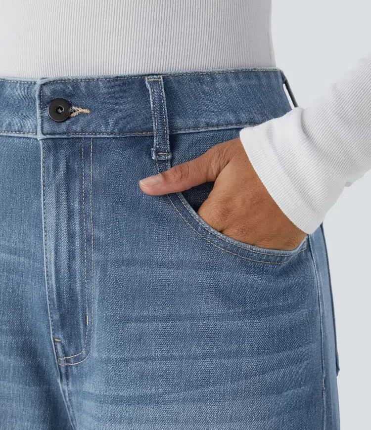 Halara Flex High Waisted Pockets Adjustable Hem Wide Leg Washed Casual Jeans