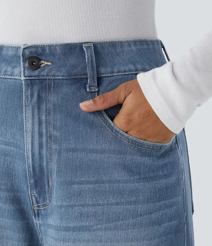 Halara Flex High Waisted Pockets Adjustable Hem Wide Leg Washed Casual Jeans