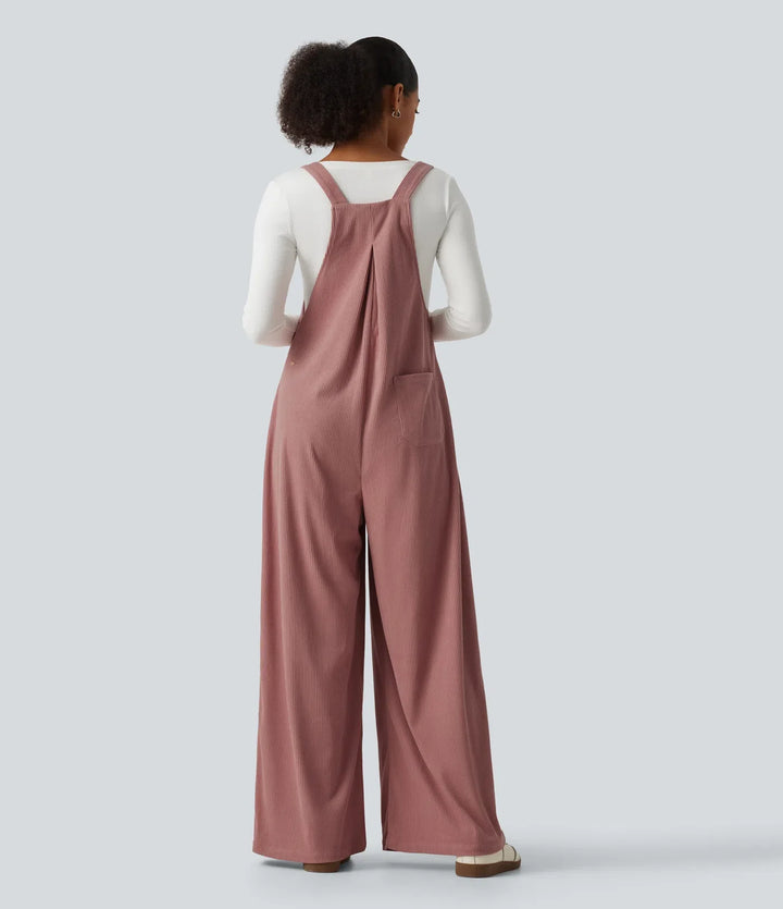 Sleeveless Pleated Corduroy Casual Overalls with Pockets