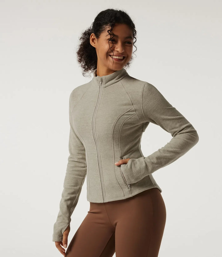 Stand Collar Long Sleeve Fleece Workout Jacket with Pockets and Thumb Holes