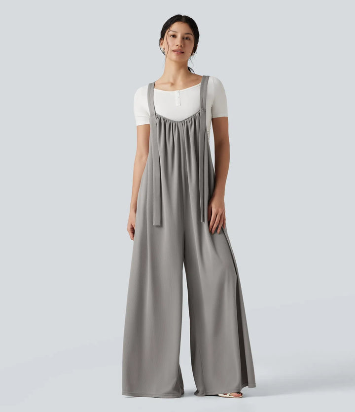 Adjustable Straps Waffle Casual Flowy Baggy Jumpsuit with Pockets