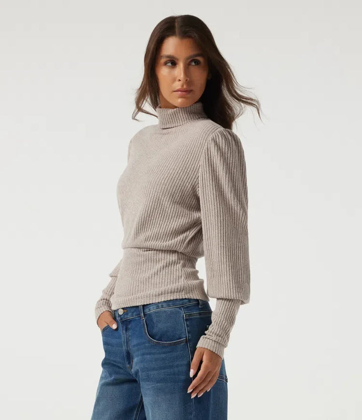 Ribbed Knit High Neck Puff Long Sleeve Ruched Casual Top