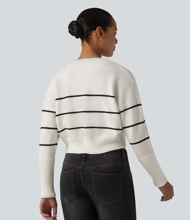 Round Neck Long Sleeve Stripe Casual Cardigan
