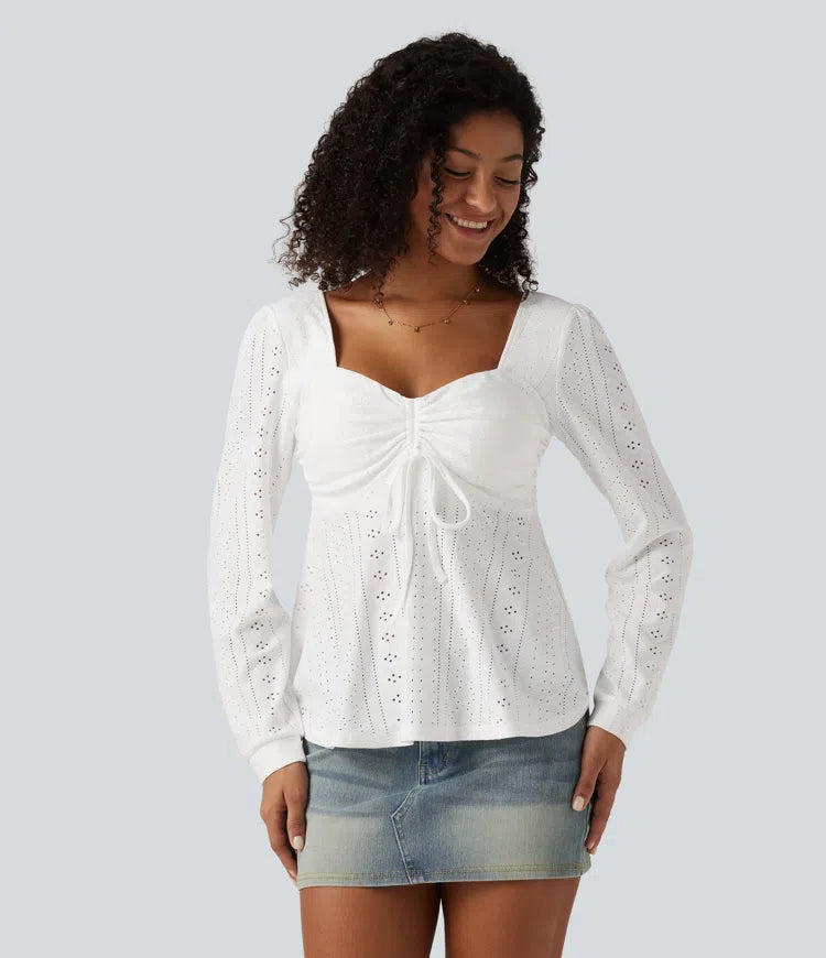Sweetheart Neck Long Sleeve Lace Up Built-in Bra Eyelet Casual Top
