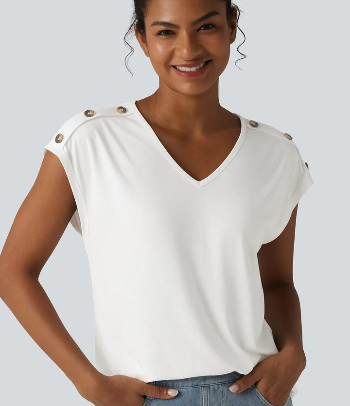 V Neck Decorative Button Cap Sleeve Relaxed Casual T-Shirt