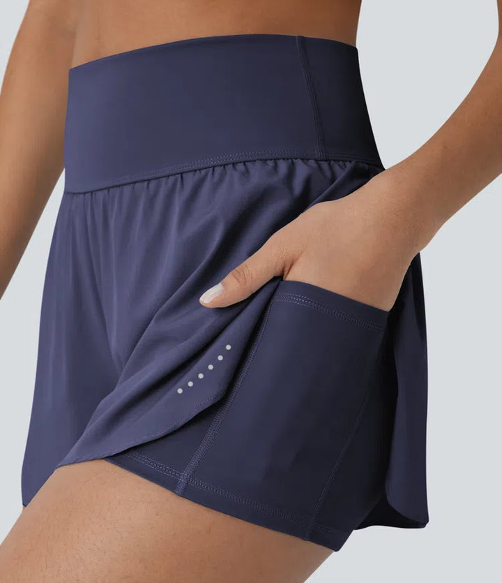 SoftlyZero QuickDry High Waisted Tummy Control Reflective Dots Crossover Hem 2-in-1 Running Shorts 3&
