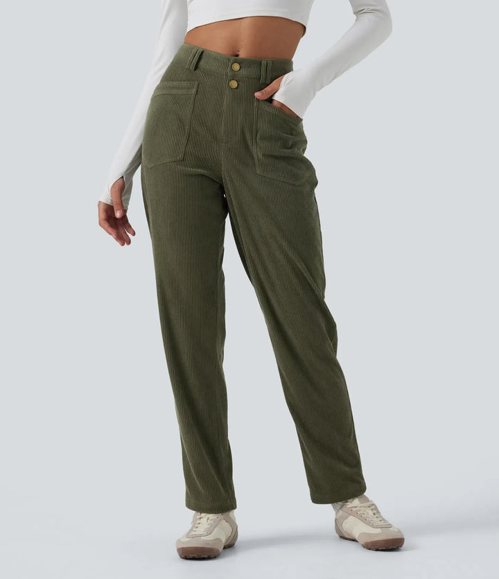 Mid Rise Tapered Corduroy Casual Trousers with Pockets
