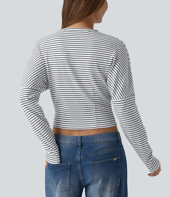 Ribbed Knit Round Neck Long Sleeve Stripes Casual Top