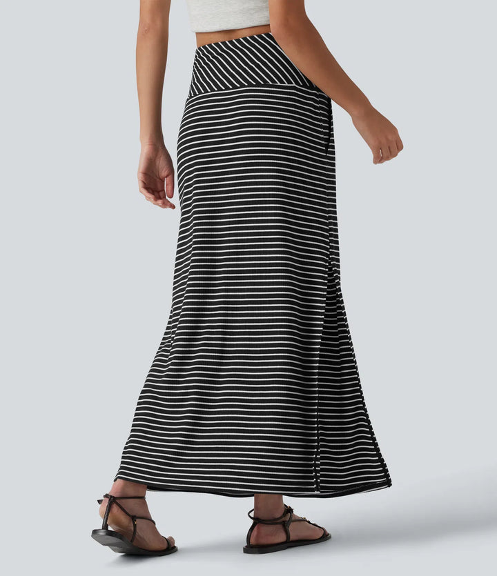 High Waisted Tummy Control Split Stripes Maxi Casual Skirt with Pockets