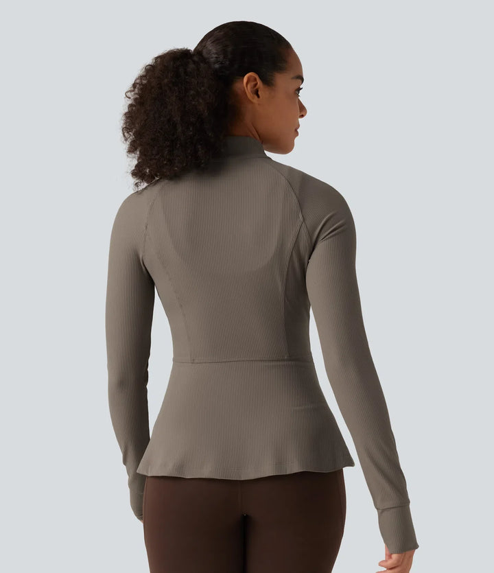 Ribbed Knit Stand Collar Long Sleeve Thumb Hole Yoga Jacket with Pockets