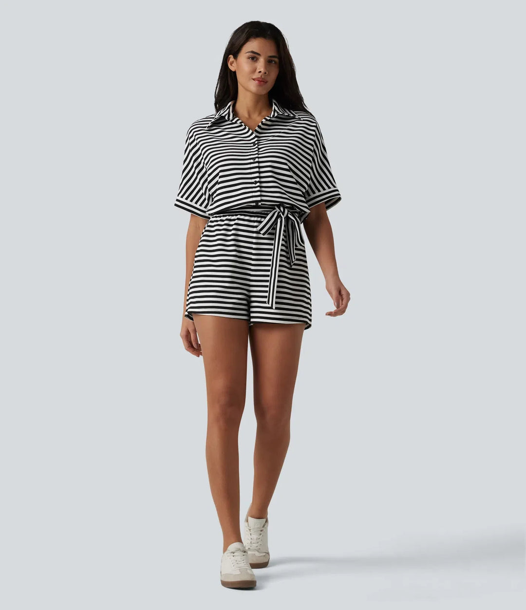 Half Sleeve Belted Stripe Waffle Casual Romper with Pockets-Easy Peezy Edition