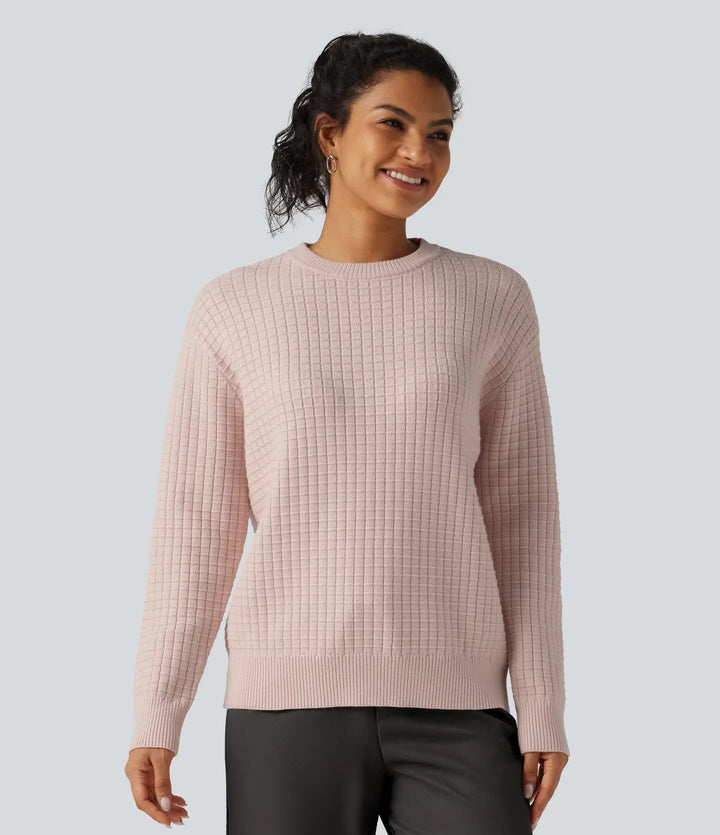 Round Neck Long Sleeve Waffle Casual Jumper