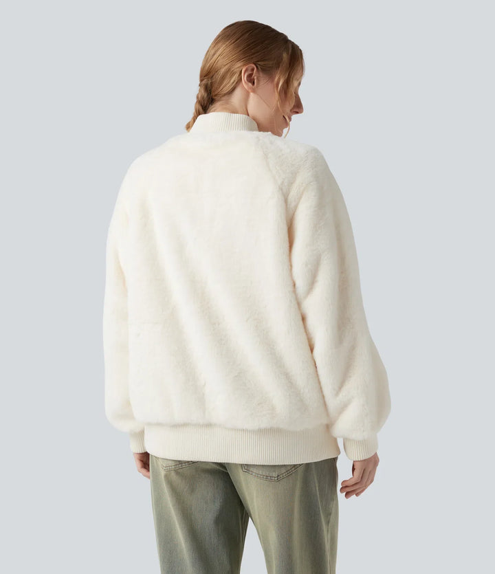 Zipper Long Sleeve Casual Sherpa Bomber Jacket with Pockets