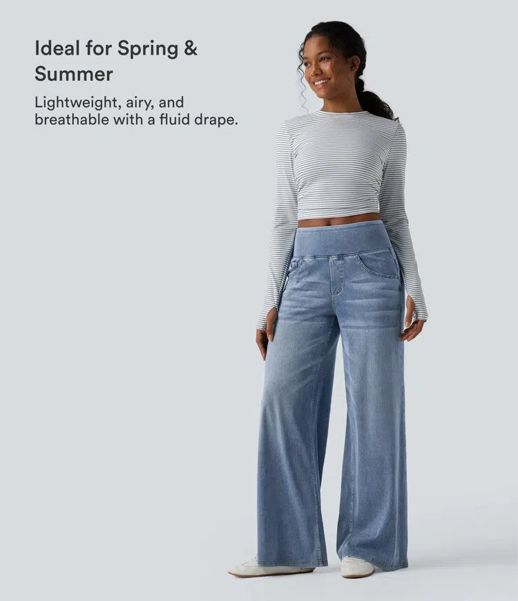 Halara Flex Mid Rise Draped Lyocell Washed Casual Baggy Wide Leg Jeans with Pockets