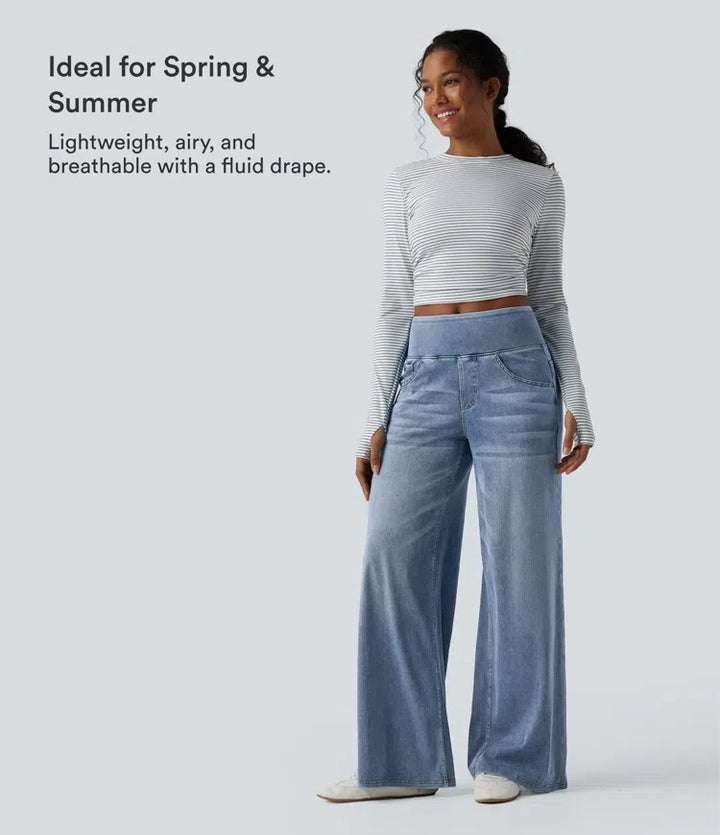 Halara Flex Mid Rise Draped Lyocell Washed Casual Baggy Wide Leg Jeans with Pockets