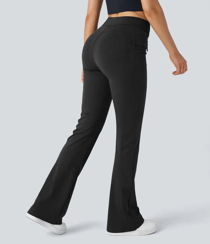 High Waisted Side Flap Pocket Flare Casual Cargo Trousers