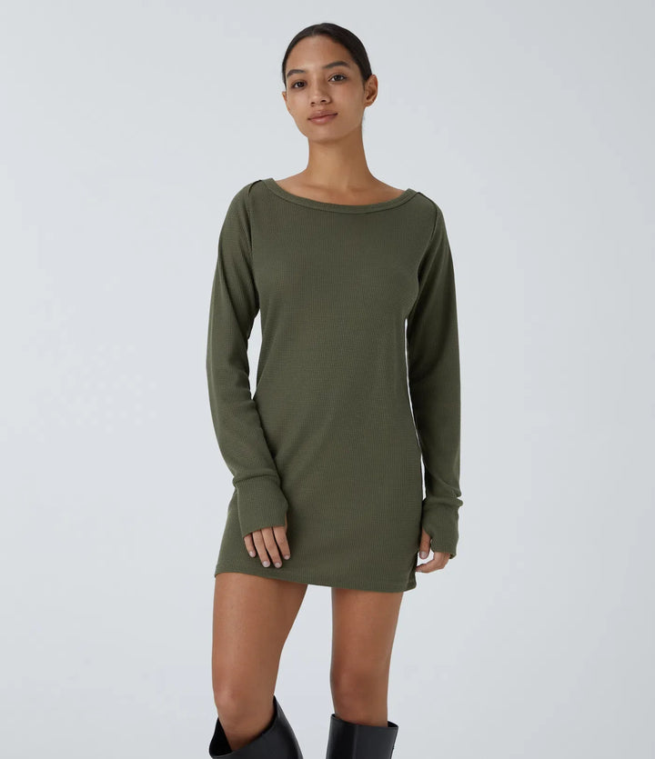 Boat Neck Raglan Sleeve Thumb Hole Hem Waffle Casual Sweatshirt Dress