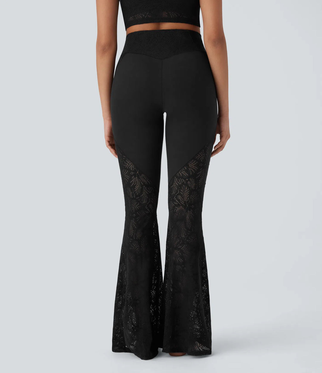 Softlyzero High Waisted Crossover Back Pocket Contrast Lace Flared Yoga Leggings