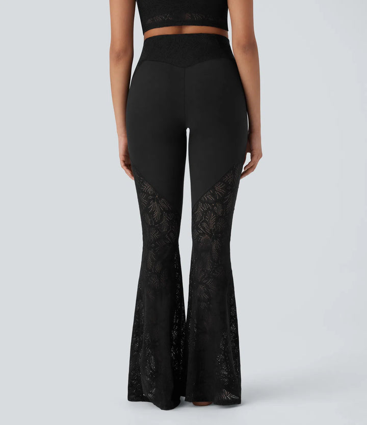 Softlyzero High Waisted Crossover Back Pocket Contrast Lace Flared Yoga Leggings