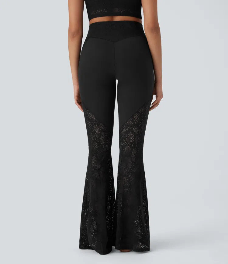 Softlyzero High Waisted Crossover Back Pocket Contrast Lace Flared Yoga Leggings