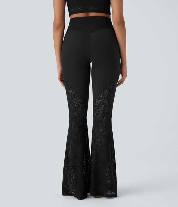 Softlyzero High Waisted Crossover Back Pocket Contrast Lace Flared Yoga Leggings