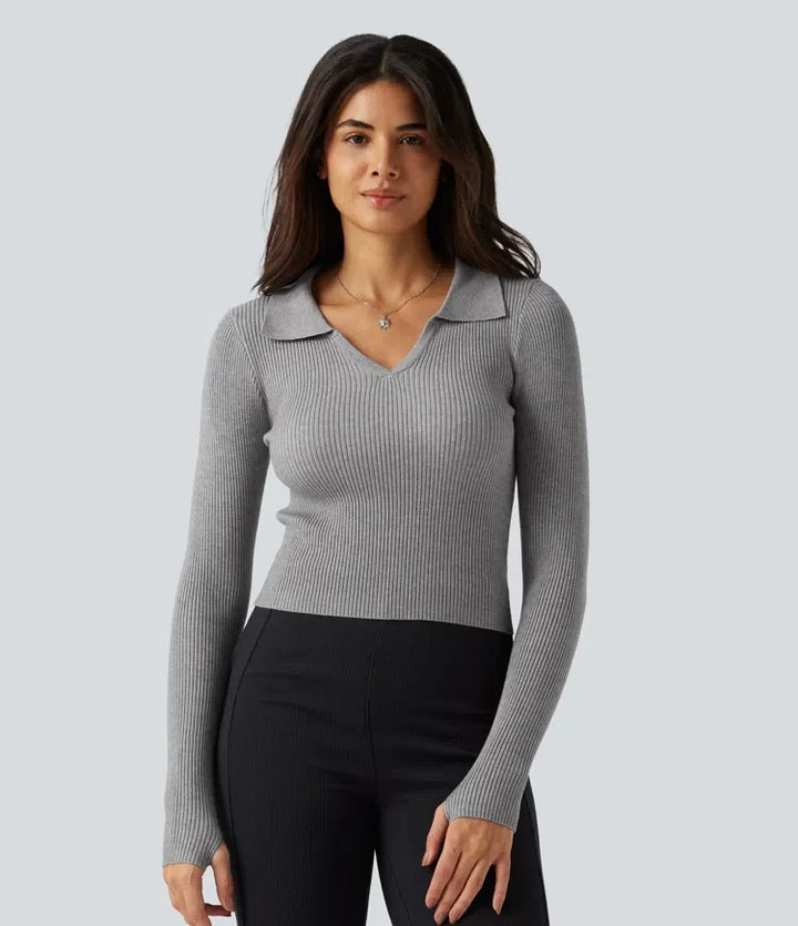 Lapel Long Sleeve Thumb Hole Work Jumper