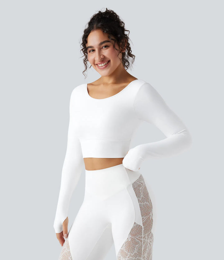 SoftlyZero Push-Up Long Sleeve Thumb Hole Contrast Lace Cropped Yoga Sports Top