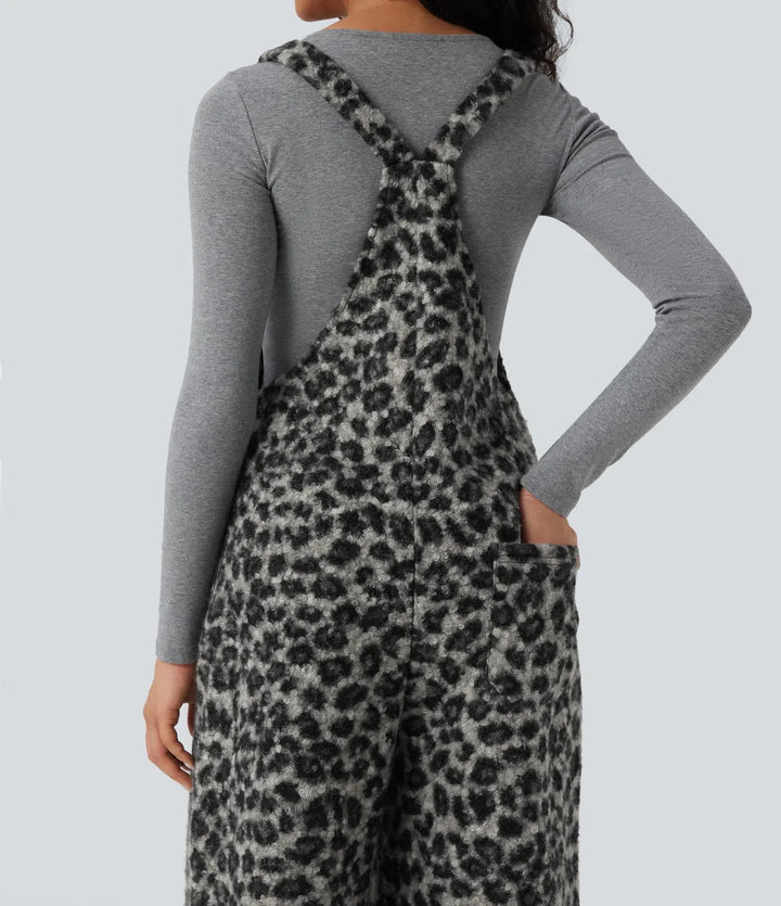 Square Neck Leopard Print Teddy Casual Baggy Overalls with Pockets
