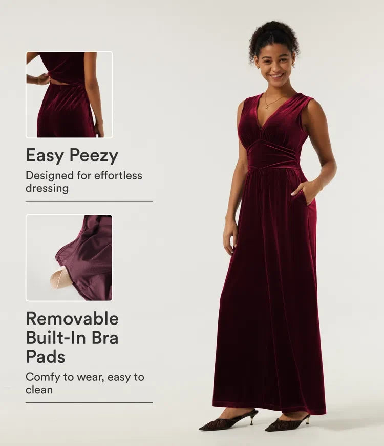 V Neck Ruched Wide Leg Velvet Party Jumpsuit with Built-in Bra and Pockets -Easy Peezy Edition