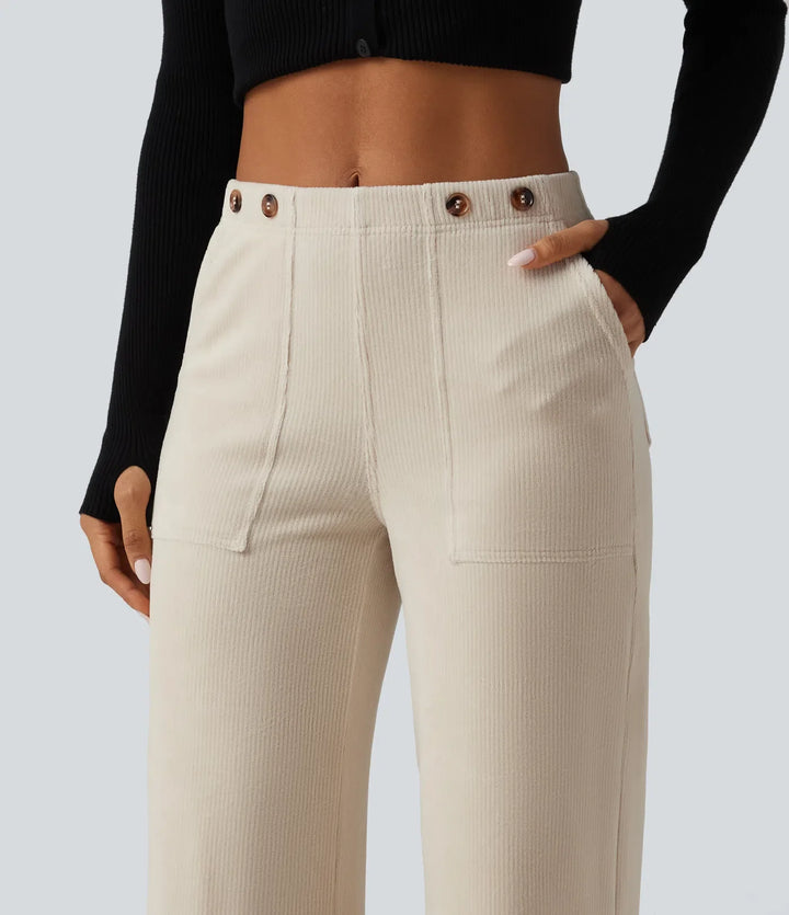 Mid Rise Wide Leg Corduroy Casual Trousers with Pockets