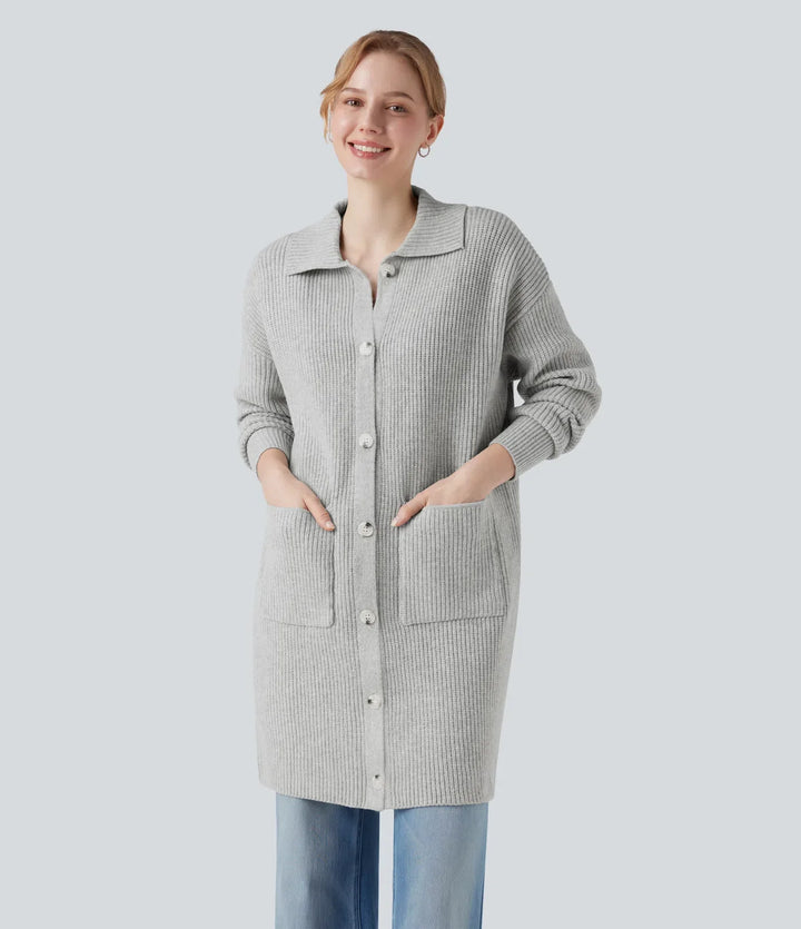 Collar Long Sleeve Button Fly Casual Longline Cardigan with Pockets