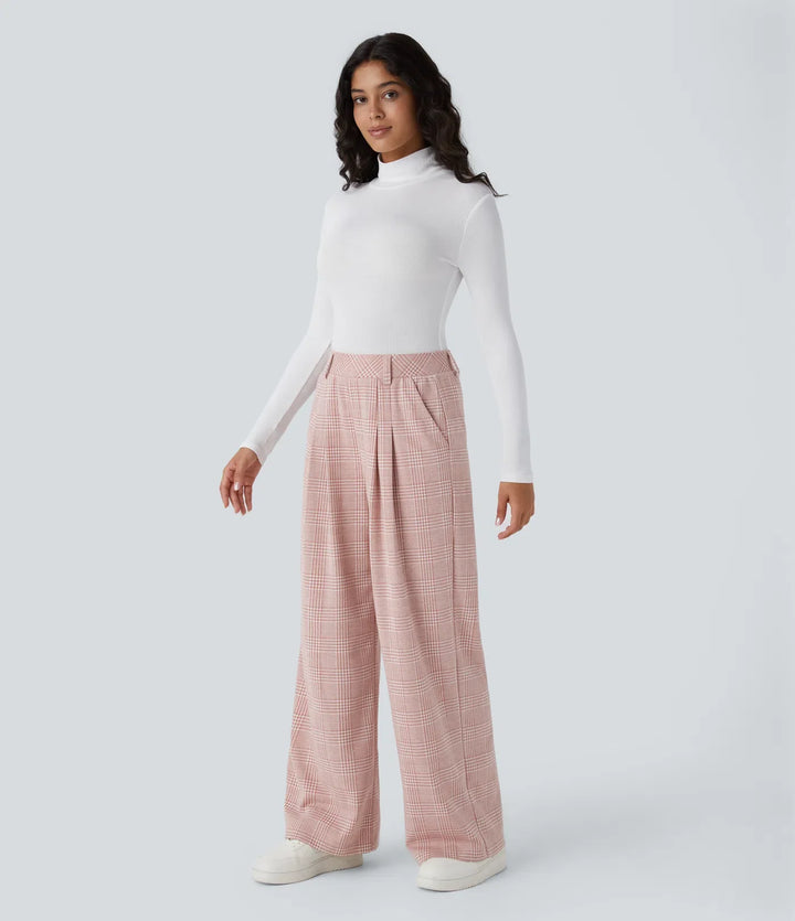 High Waisted Pocket Wide Leg Baggy Houndstooth Plaid Casual Trousers