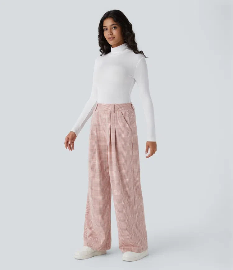High Waisted Pocket Wide Leg Baggy Houndstooth Plaid Casual Trousers