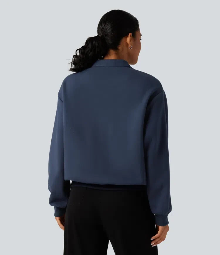 Stand Collar Long Sleeve Casual Cotton Sweatshirt with Pockets