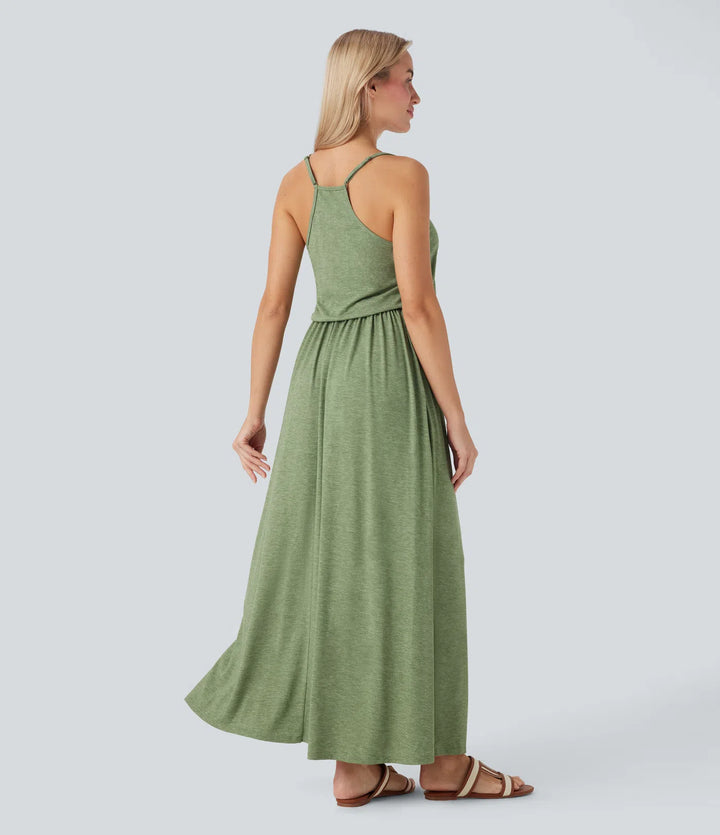 Adjustable Strap Maxi Flowy Resort Slip Dress with Pockets