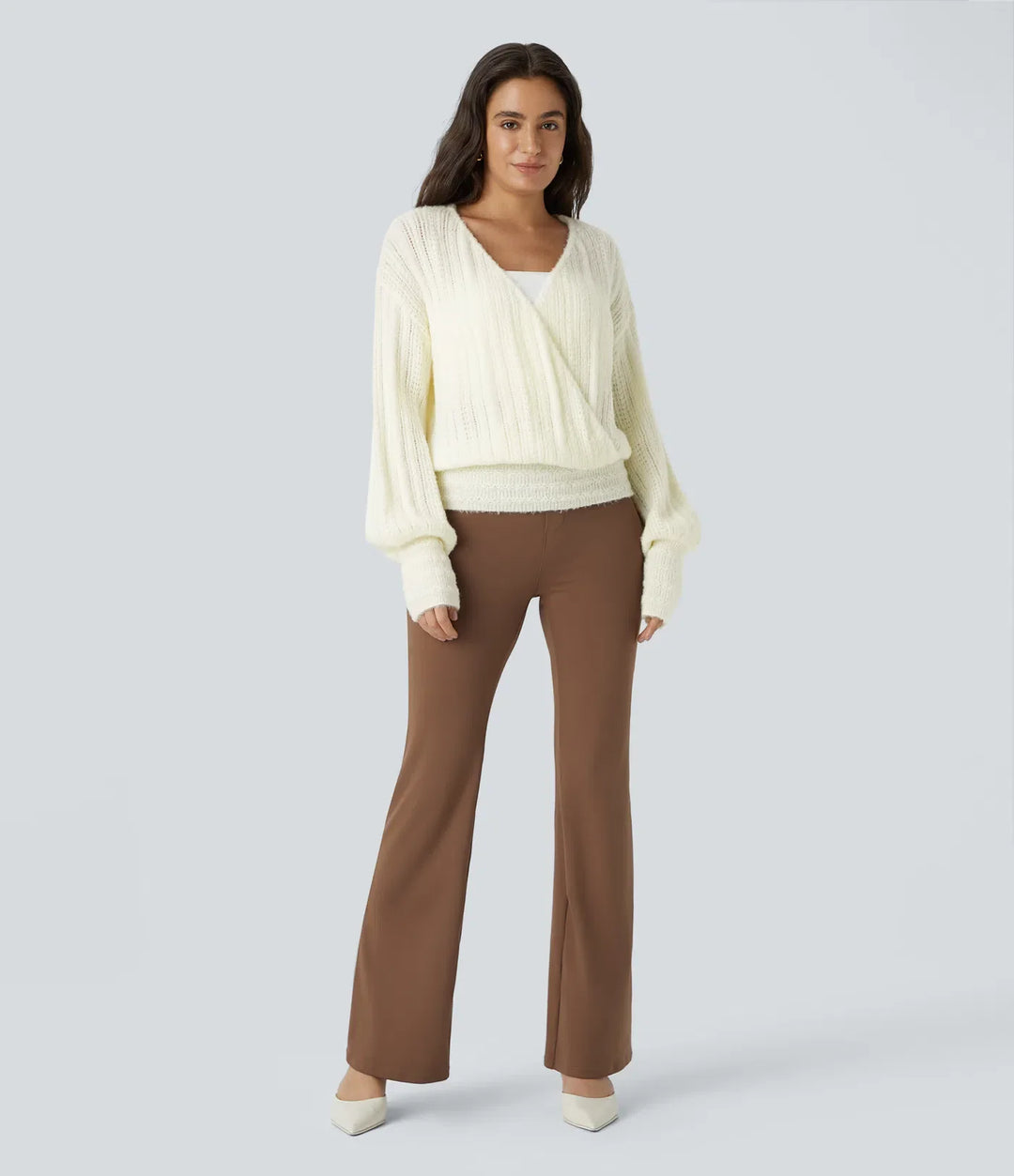 Sheer V Neck Long Sleeve Work Jumper-Front and Back Wearable