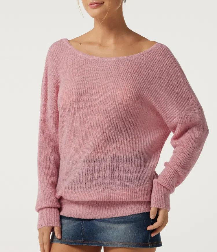 One Shoulder Crisscross Back Dropped Long Sleeve Relaxed Casual Jumper