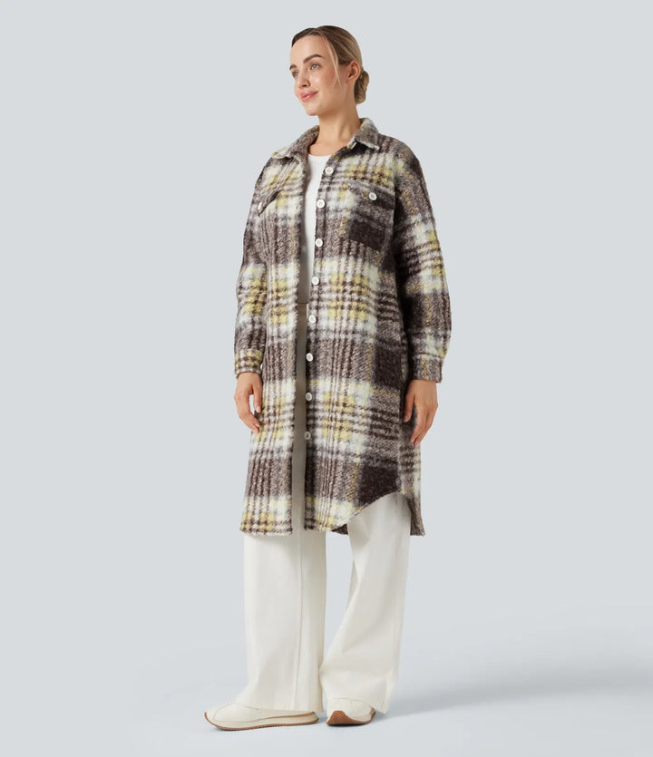 Long Sleeve Plaid Longline Casual Sherpa Jacket with Pockets