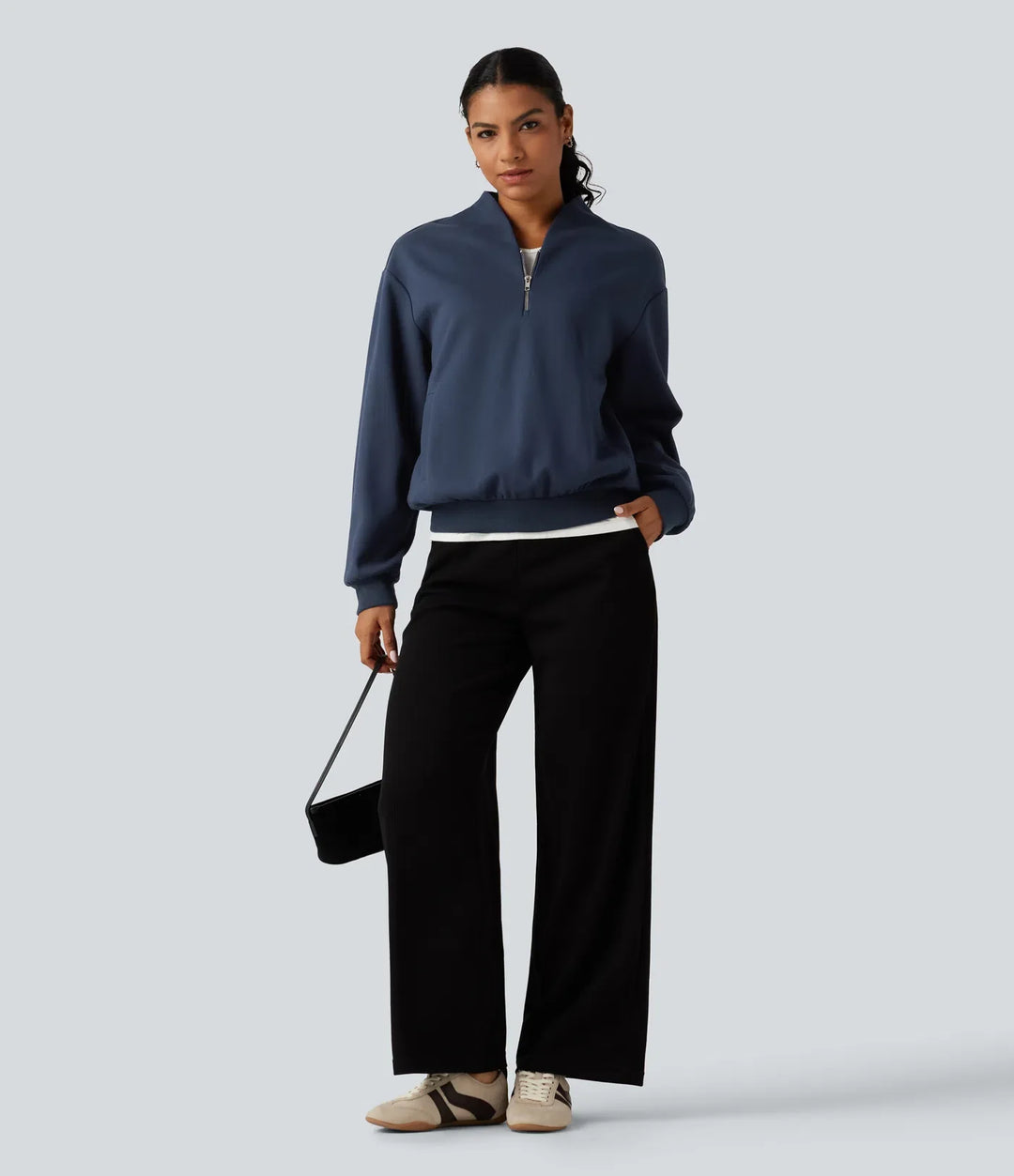 Stand Collar Long Sleeve Casual Cotton Sweatshirt with Pockets