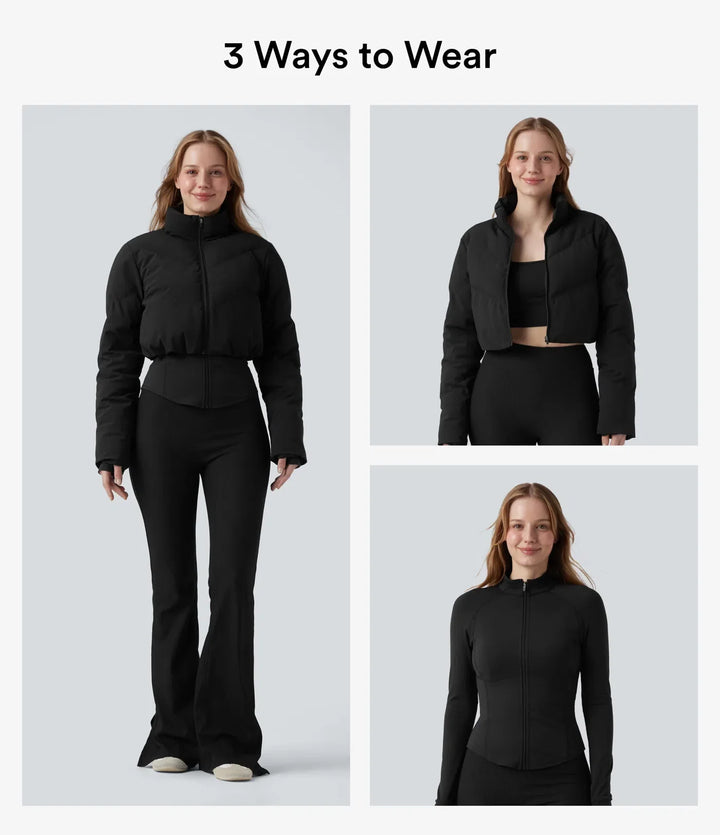 PuffFlex 3-in-1 Stand Collar Casual Cropped Puffer Coat &amp; Thumb Holes Curved Hem Jacket with Pocket